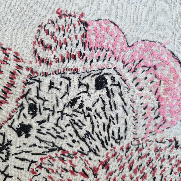 Couvre lit Ancien en Lin Brode a la Main, Couverture Art Nouveau en Lin File avec Oiseau et Coquelicots, Grand 240x260 cm