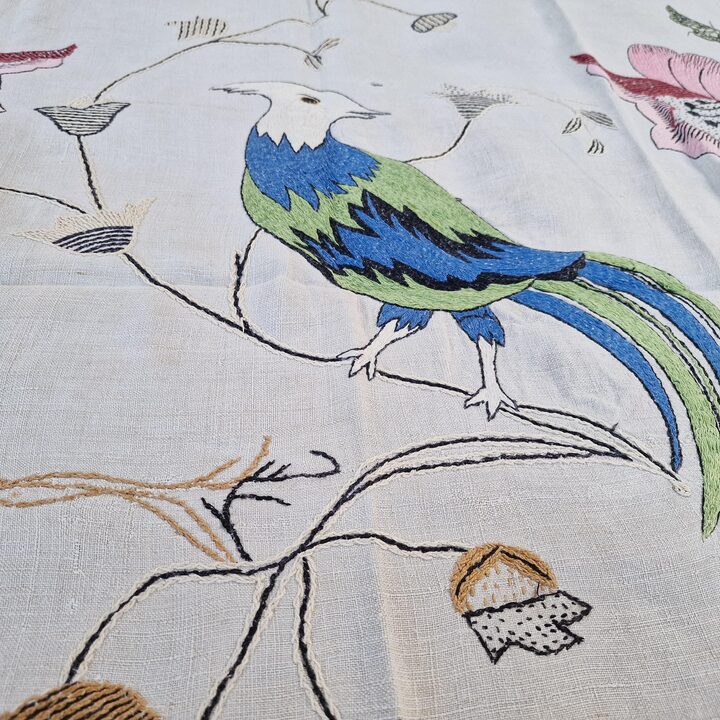 Colcha de Lino Antiguo Bordada a Mano, Cubrecama Art Nouveau de Lino Hilado con Pajaro y Amapolas, Tapiz Grande 240x260 cm