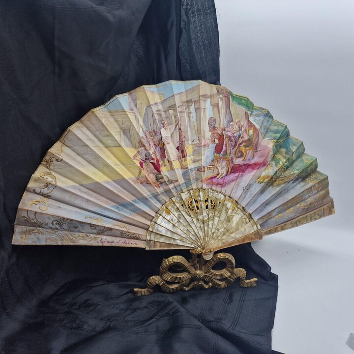 Antique Valencian Fan Rafael Taberner Hand Painted Joseph before Pharaoh Galalith Sticks with Original Box Historic Collection
