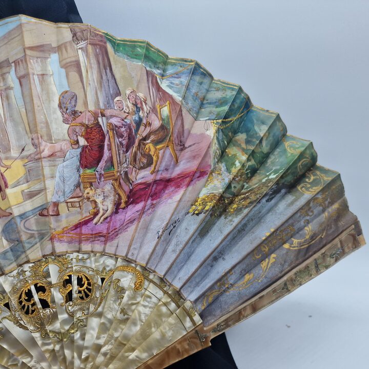 Antique Valencian Fan Rafael Taberner Hand Painted Joseph before Pharaoh Galalith Sticks with Original Box Historic Collection