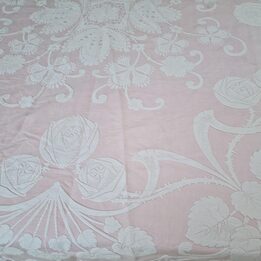 Vintage Pink and White Jacquard Bedspread with Roses, Cotton Coverlet with Tassel Fringe 220x210 cm, 1970s