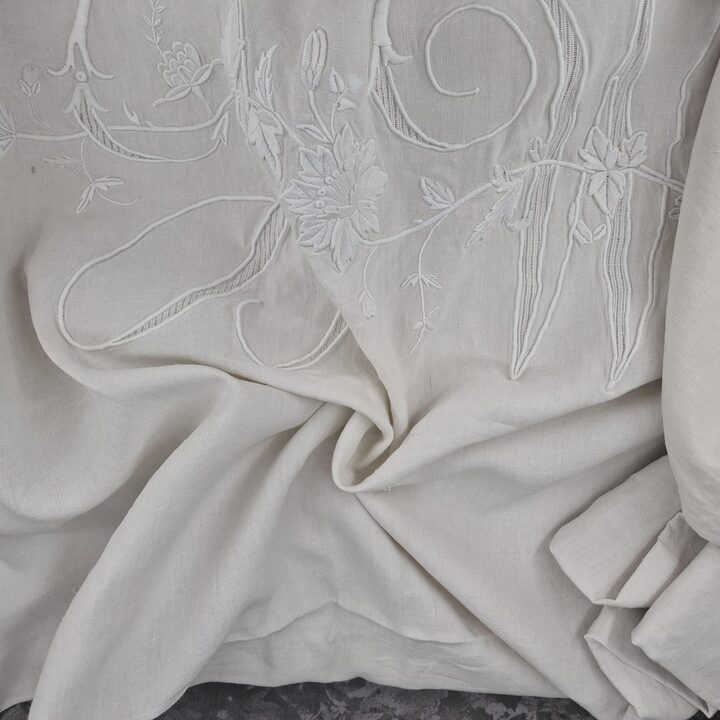 Antique Heavy Linen Bed Set with Hand Embroidery & Bobbin Lace - Sheet 230x250 cm and Pillowcase 160x42 cm