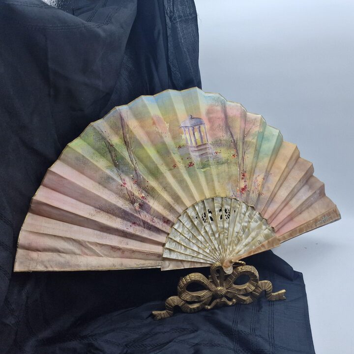 Antique Valencian Fan Rafael Taberner Hand Painted Joseph before Pharaoh Galalith Sticks with Original Box Historic Collection