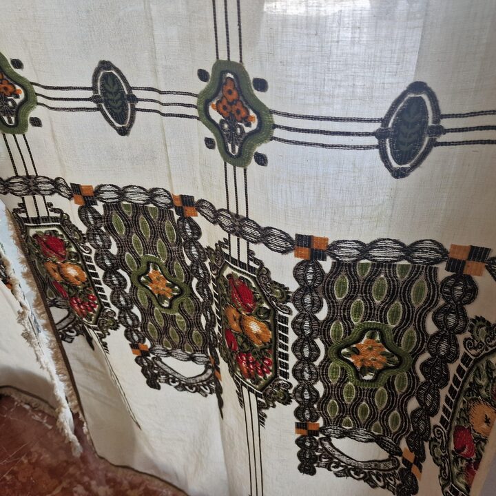 Rideaux Anciens avec Lambrequin, Lin Brodé Main Années 1920, Paire de Vitrages Art Nouveau pour Salle à Manger
