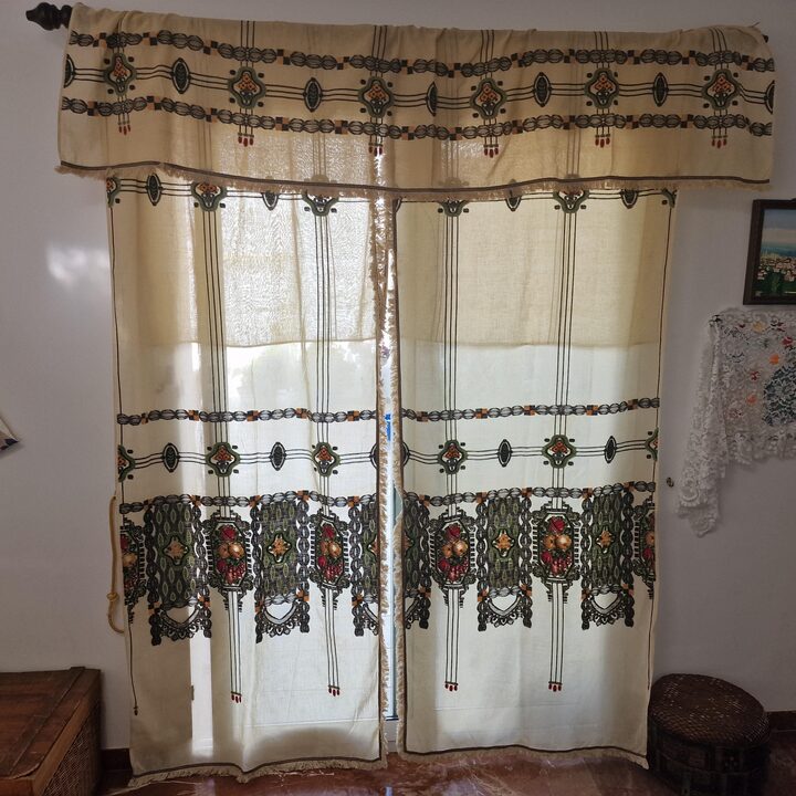 Antike Vorhänge Querbehang Set, Handgestickte Leinen Gardinen 1920er, Art Nouveau Fensterdekoration für Esszimmer