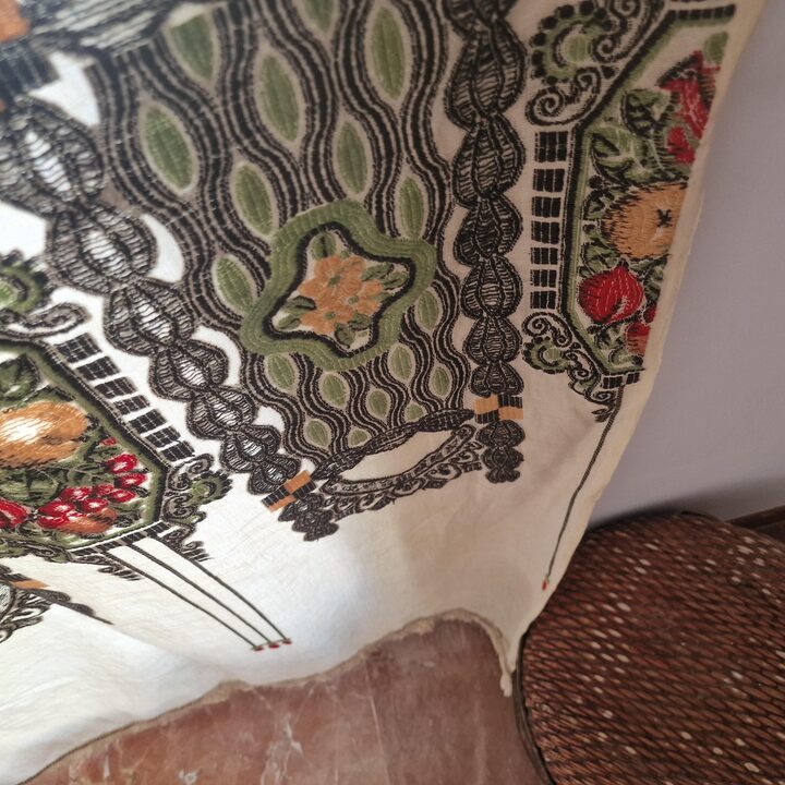 Antike Vorhänge Querbehang Set, Handgestickte Leinen Gardinen 1920er, Art Nouveau Fensterdekoration für Esszimmer