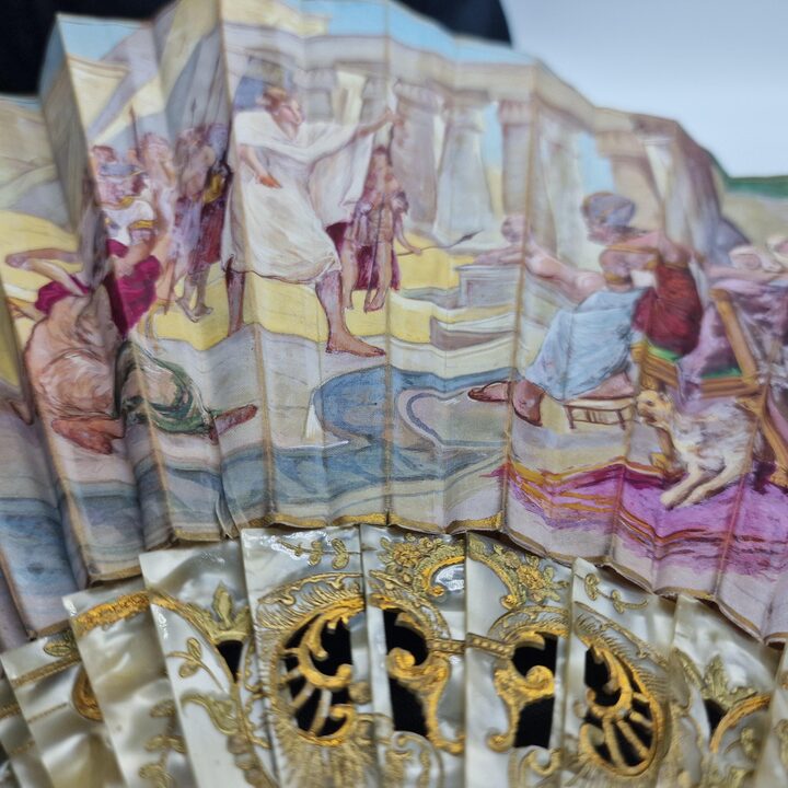 Antique Valencian Fan Rafael Taberner Hand Painted Joseph before Pharaoh Galalith Sticks with Original Box Historic Collection