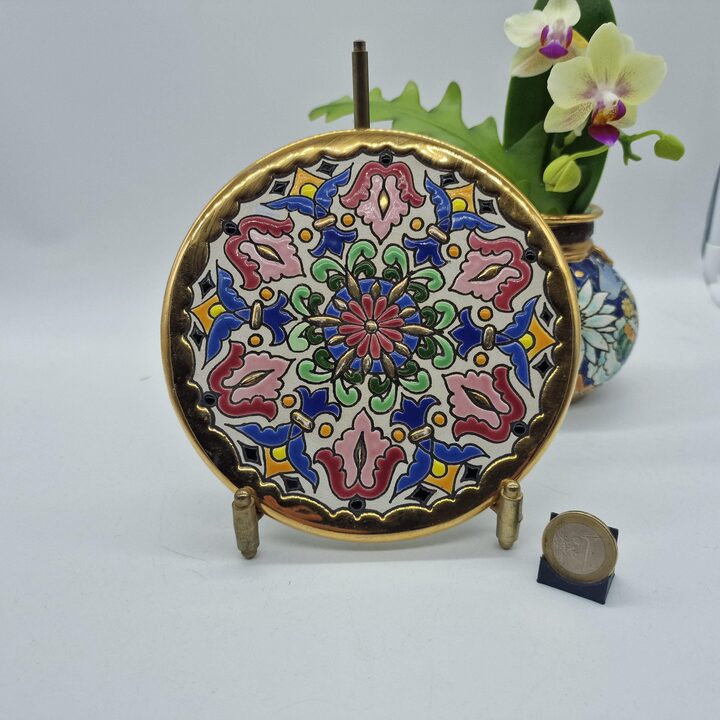 Keramik Wandteller Cearco Spanien handbemalt Emails und Echtgold, Vintage Dekoteller 15 cm 1990er Jahre