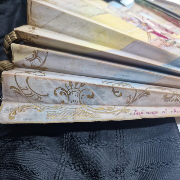 Antique Valencian Fan Rafael Taberner Hand Painted Joseph before Pharaoh Galalith Sticks with Original Box Historic Collection