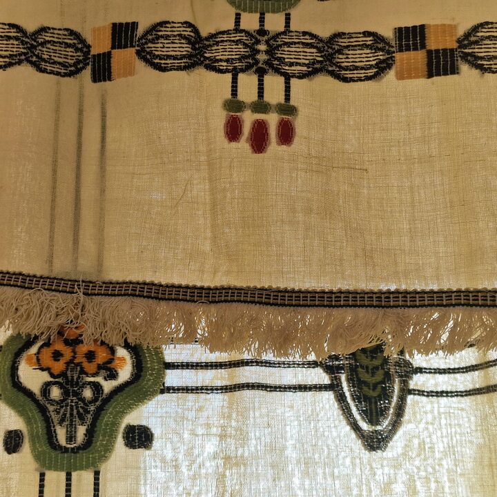 Antieke Gordijnen Tweedelig Stel, Handgeborduurde Linnen Valance Set Jaren 1920, Art Nouveau Vensterdecoratie Eetkamer