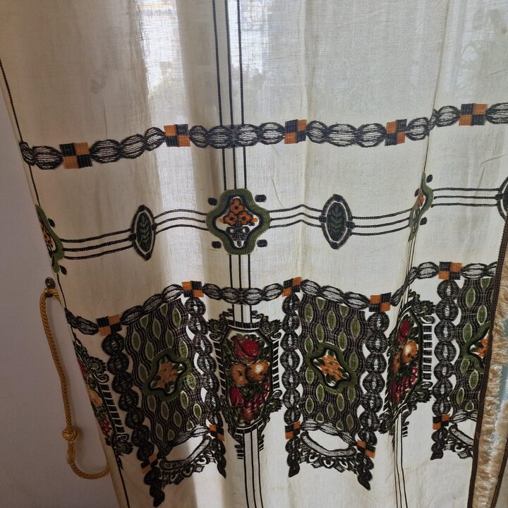 Rideaux Anciens avec Lambrequin, Lin Brodé Main Années 1920, Paire de Vitrages Art Nouveau pour Salle à Manger