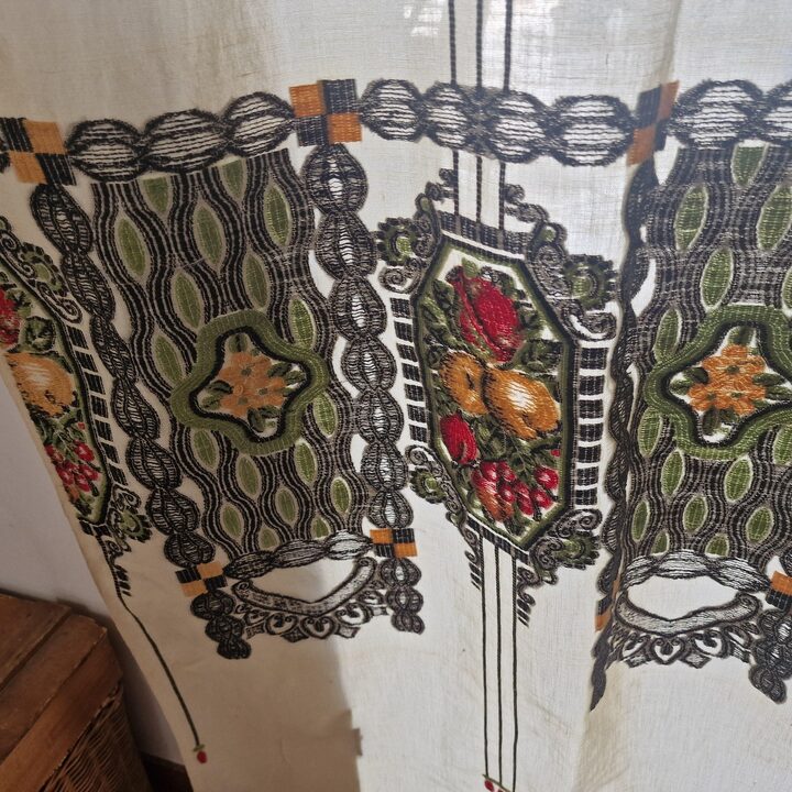 Rideaux Anciens avec Lambrequin, Lin Brodé Main Années 1920, Paire de Vitrages Art Nouveau pour Salle à Manger