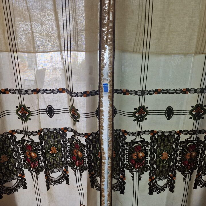 Antieke Gordijnen Tweedelig Stel, Handgeborduurde Linnen Valance Set Jaren 1920, Art Nouveau Vensterdecoratie Eetkamer