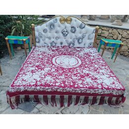 Antieke Zijden Canton Bedsprei - Handgeborduurde Chinese Zijden Dekbed - Rode Manila Sjaal Bedsprei met 23cm Franje - Circa 1900