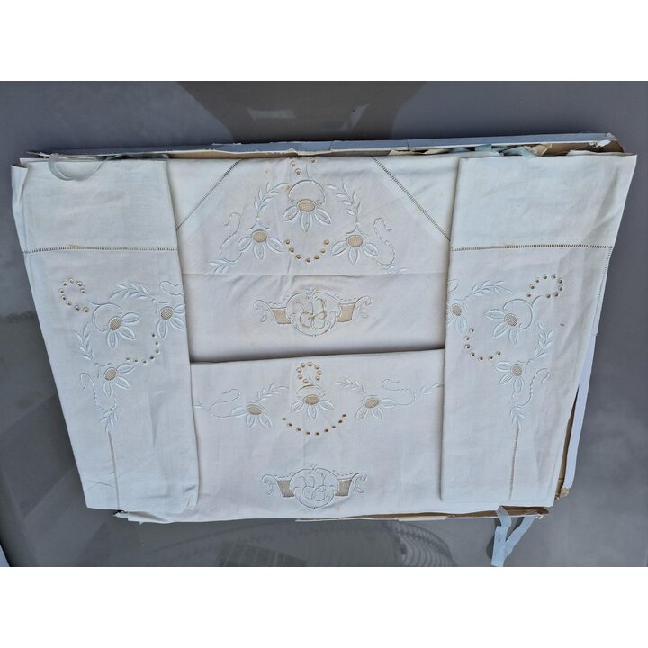 Antique Bed Linen Set Monogram PR, Embroidered 100% Cotton Sheet & 2 Pillowcases, 1950s Art Nouveau Vintage Deadstock