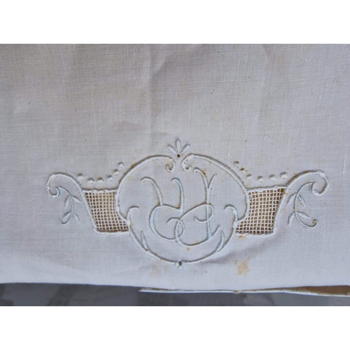 Antique Bed Linen Set Monogram PR, Embroidered 100% Cotton Sheet & 2 Pillowcases, 1950s Art Nouveau Vintage Deadstock