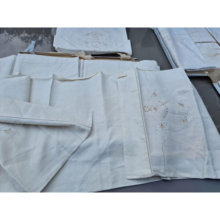 Antique Bed Linen Set Monogram PR, Embroidered 100% Cotton Sheet & 2 Pillowcases, 1950s Art Nouveau Vintage Deadstock