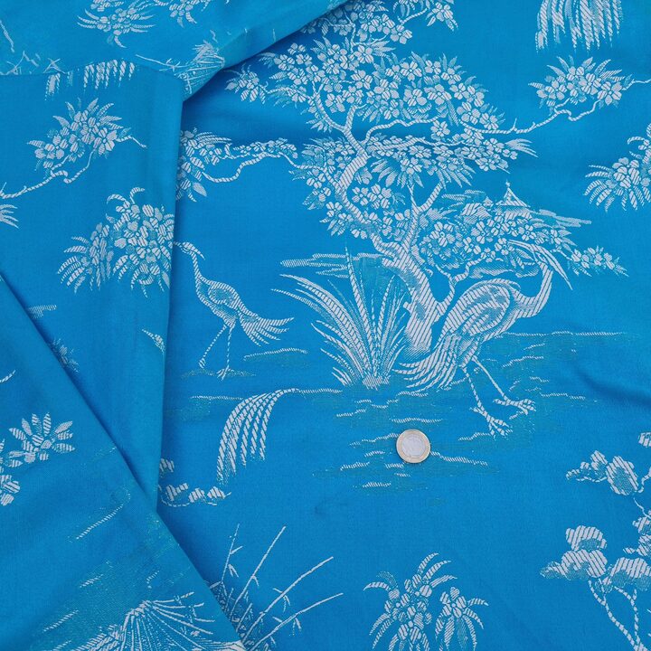Hiszpańska tkanina vintage, niebieski żakard z żurawiami Chinoiserie, szerokość 140 cm, sprzedawana na metry, materiał do szyci…
