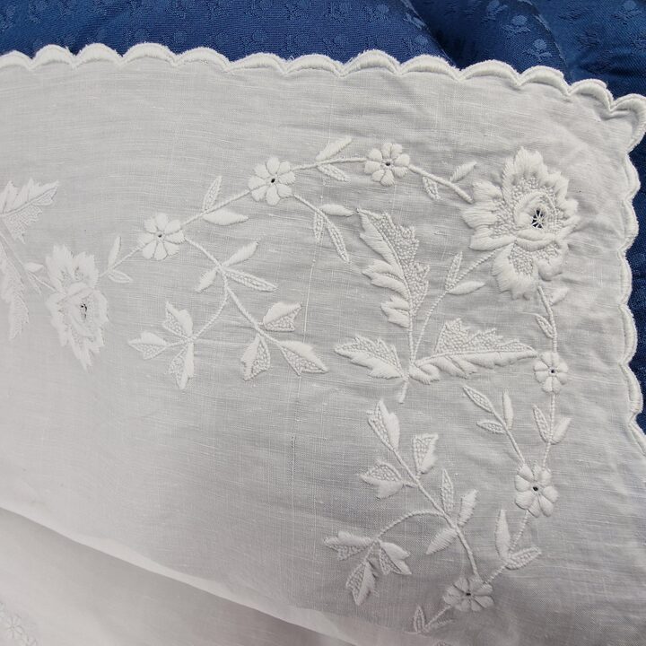 Antique Hand Embroidered Linen Sheet, Early 1900s Spanish Linen Bedding 230x245French Country Farmhouse Textile, Country Farmho…