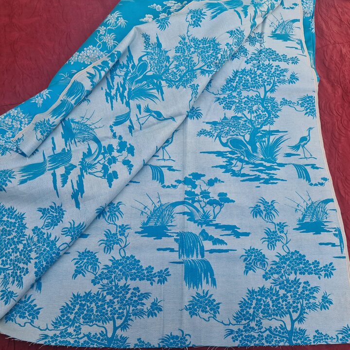 Hiszpańska tkanina vintage, niebieski żakard z żurawiami Chinoiserie, szerokość 140 cm, sprzedawana na metry, materiał do szyci…