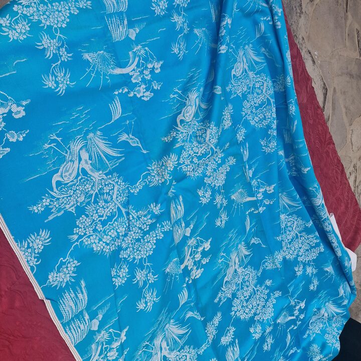 Hiszpańska tkanina vintage, niebieski żakard z żurawiami Chinoiserie, szerokość 140 cm, sprzedawana na metry, materiał do szyci…