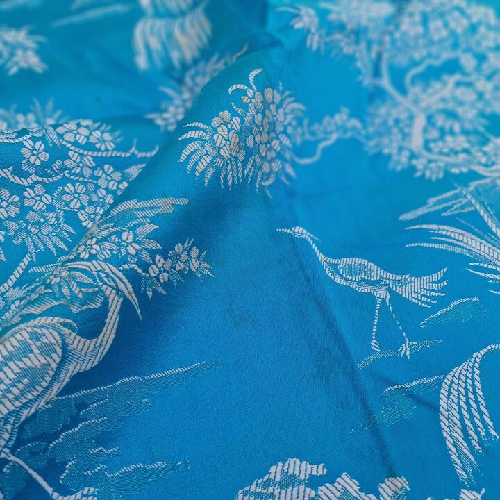 Hiszpańska tkanina vintage, niebieski żakard z żurawiami Chinoiserie, szerokość 140 cm, sprzedawana na metry, materiał do szyci…