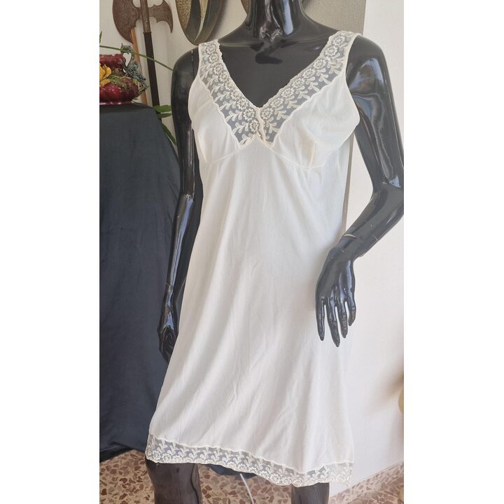 Fond de Robe Vintage Marie Claire Annees 80 Polyamide Ivoire Dentelle Florale Col V Taille 5 S-M