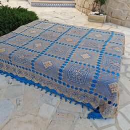 Copriletto Antico in Pizzo Filet, Tenda in Lino Fatto a Mano del XIX Secolo, Biancheria da Letto Rustica Francese, 240x220 cm