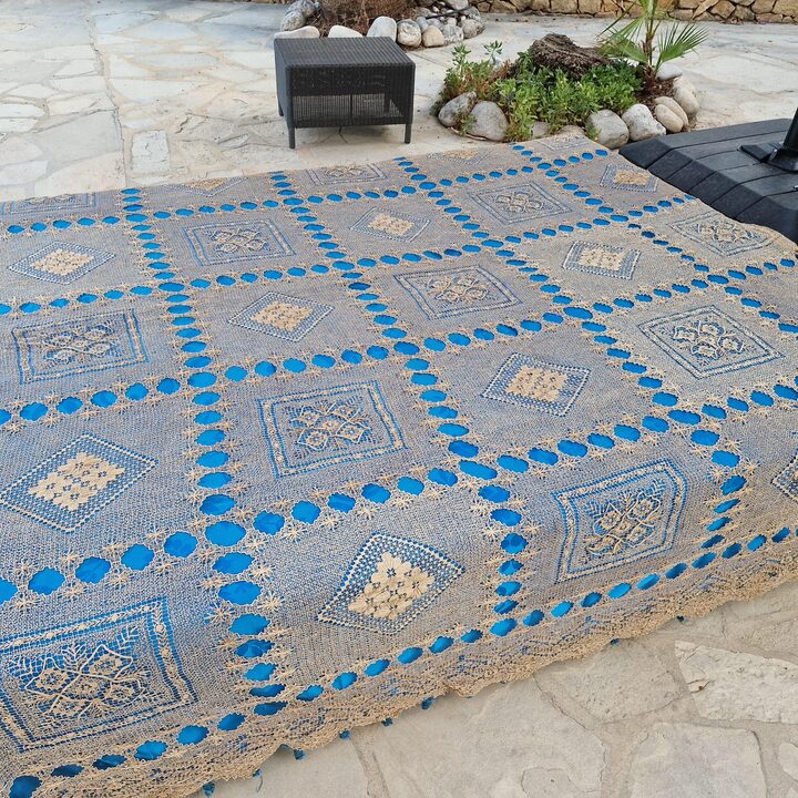 Antike Filetspitzen Tagesdecke, Handgemachter Leinen Vorhang 19 Jahrhundert, Franzosisches Landhaus Bettzeug, 240x220 cm