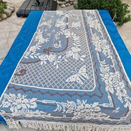 Rideau ancien en dentelle de filet Art Nouveau, panneau de crochet en coton du debut du XXe siecle, 110 x 260 cm