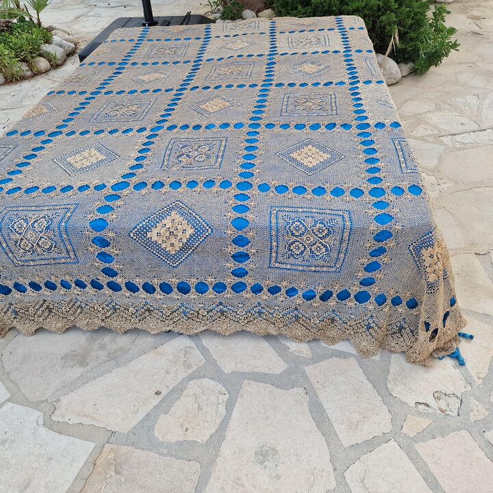 Colcha Antiga de Renda Filet, Cortina de Linho Feita a Mao Seculo XIX, Roupa de Cama Estilo Rustico Frances, 240x220 cm