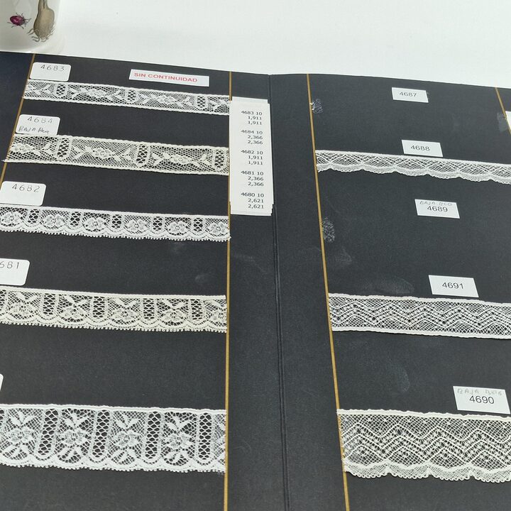 Partij van 50 Vintage Spaanse Kantstalen, 11 cm Fabrieksarchief, Textielstalen uit de Jaren 80 en 90 voor Verzamelaars
