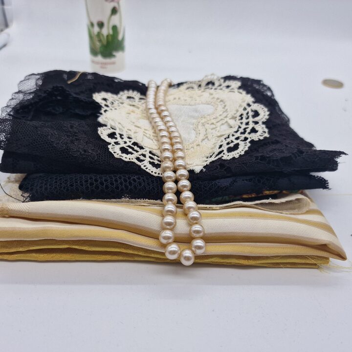 Antique Lace Fragments and Vintage Fabric Remnants, 15 Pieces Silk Jacquard and Handmade Bobbin Lace Set for Sewing and Crafting
