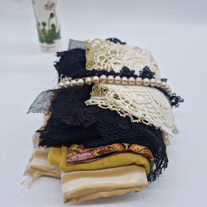 Antique Lace Fragments and Vintage Fabric Remnants, 15 Pieces Silk Jacquard and Handmade Bobbin Lace Set for Sewing and Crafting