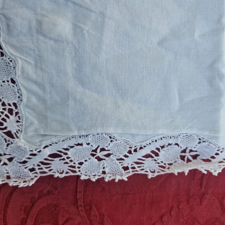 Antique Linen Pillowcase Cushion Cover, 19th Century Handmade Bobbin Lace Whitework Monogram Enriqueta, Mother of Pearl Buttons…