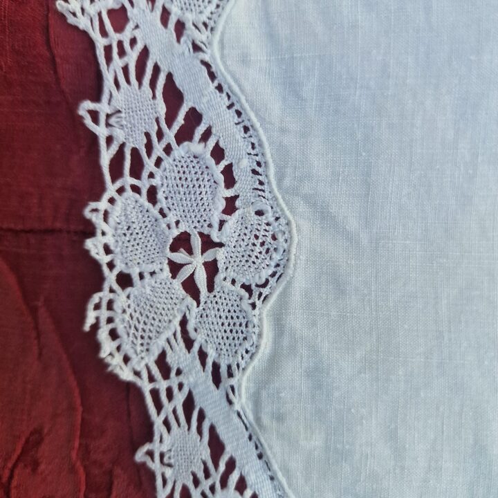 Antique Linen Pillowcase Cushion Cover, 19th Century Handmade Bobbin Lace Whitework Monogram Enriqueta, Mother of Pearl Buttons…