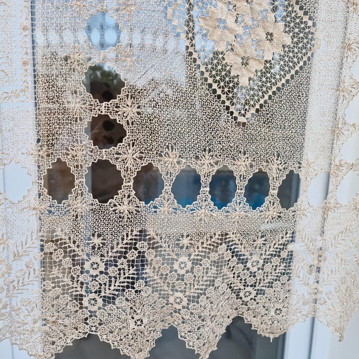 Antike Filetspitzen Tagesdecke, Handgemachter Leinen Vorhang 19 Jahrhundert, Franzosisches Landhaus Bettzeug, 240x220 cm