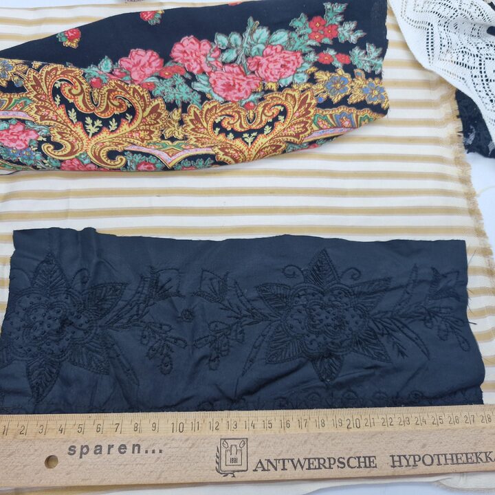 Antique Lace Fragments and Vintage Fabric Remnants, 15 Pieces Silk Jacquard and Handmade Bobbin Lace Set for Sewing and Crafting