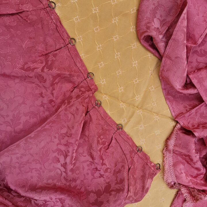 Vintage Curtains Drapery Panels Valance Lambrequin, Mid Century Damask Silk Viscose Blend, Cranberry Red Floral Jacquard, for L…