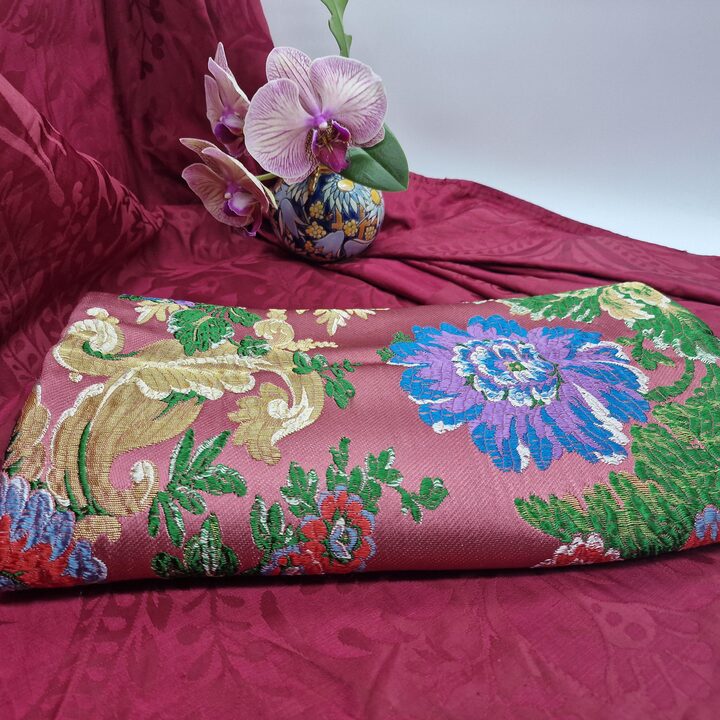 Tejido de Brocado de Seda Valenciana Vintage, Damasco Floral Espolín con Lúrex, Panel de Falda Tradicional Española, 125 x 95 cm