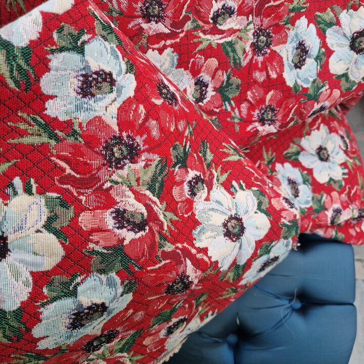Floral Jacquard Fabric, Vintage Cotton Tapestry Textile, Poppy Anemone Pattern, Width 250 cm 98 in, Sold by Meter, Upholstery M…