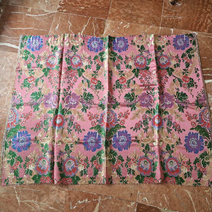 Tejido de Brocado de Seda Valenciana Vintage, Damasco Floral Espolín con Lúrex, Panel de Falda Tradicional Española, 125 x 95 cm