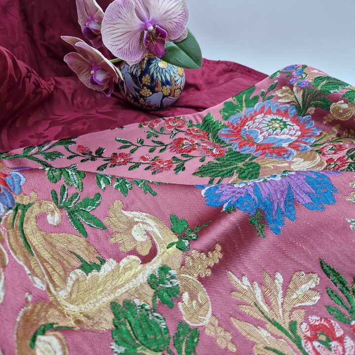 Tejido de Brocado de Seda Valenciana Vintage, Damasco Floral Espolín con Lúrex, Panel de Falda Tradicional Española, 125 x 95 cm
