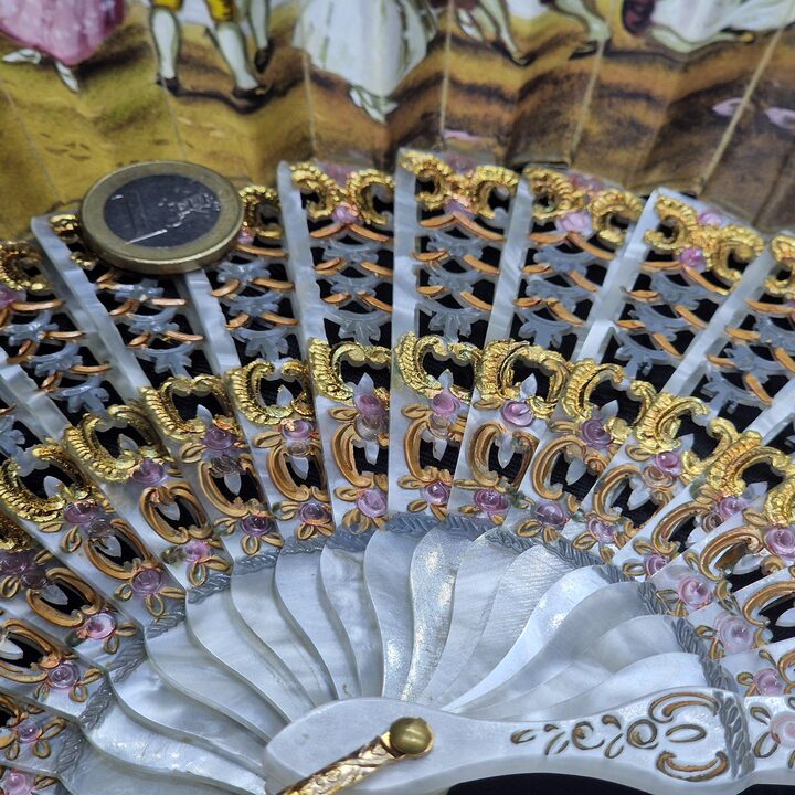 Antique Spanish Fan, Openwork Galalith Sticks, Hand Painted Fabric, Goya Blind Mans Buff Topic, Signed F Zam, Double Sided, 193…