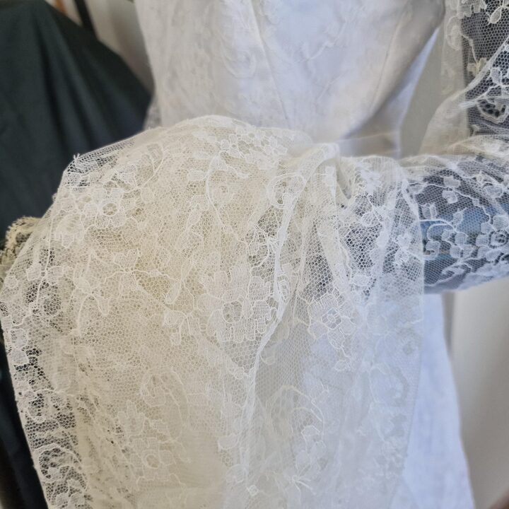 Vintage Wedding Dress, Handmade Lace Bridal Gown 1970s, Size S with Satin Buttons and Long Sleeves
