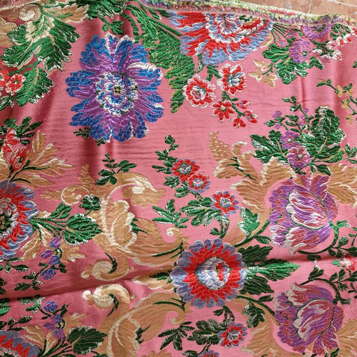 Brocado de Seda Valenciana Vintage, Damasco Floral Espolín com Lurex, Painel de Saia Tradicional Espanhola, 125 x 95 cm
