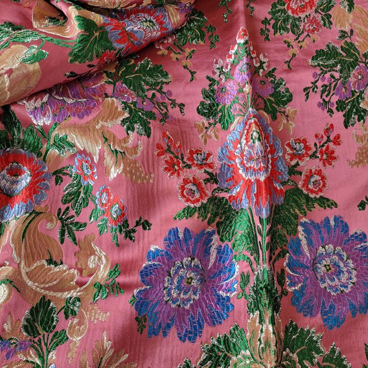 Tejido de Brocado de Seda Valenciana Vintage, Damasco Floral Espolín con Lúrex, Panel de Falda Tradicional Española, 125 x 95 cm