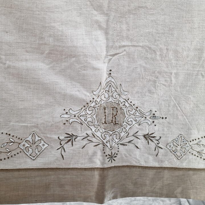 1960年代 手刺繍コットンベッドリネンセット モノグラムLR