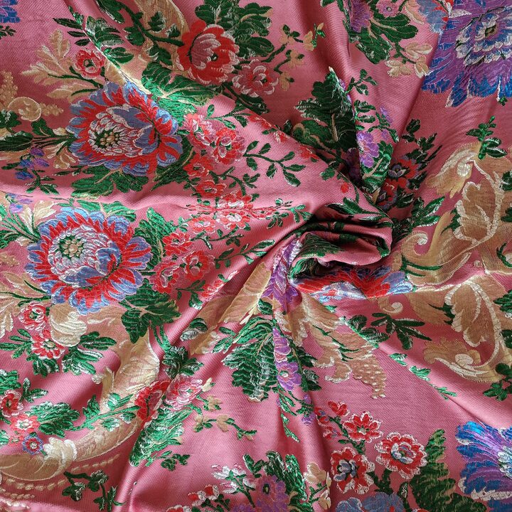 Tejido de Brocado de Seda Valenciana Vintage, Damasco Floral Espolín con Lúrex, Panel de Falda Tradicional Española, 125 x 95 cm