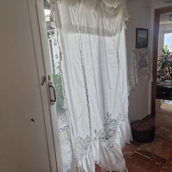 Tenda in Batista Fatta a Mano, Pannello di Pizzo Vintage, Calata Finestra, Cotone Fine Anni 50, Ricamo Merletto ad Ago, Salotto…